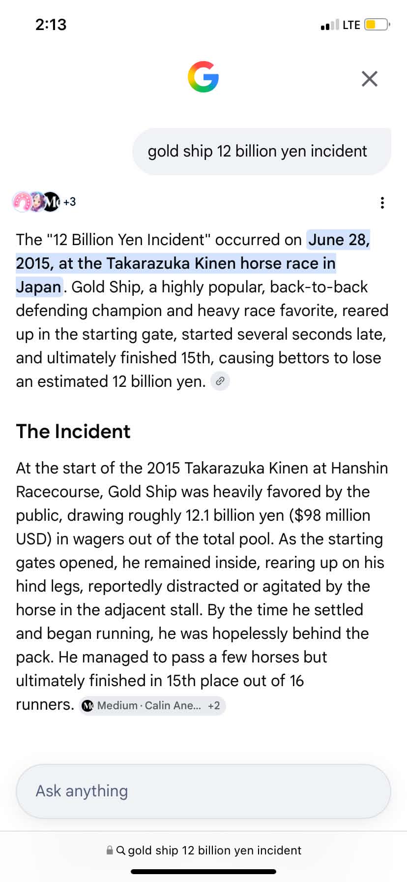 Screenshot of a Google search summary for 'gold ship 12 billion yen incident,' describing the June 28, 2015 Takarazuka Kinen at Hanshin Racecourse, in which Gold Ship — back-to-back defending champion and heavy favorite drawing approximately 12.1 billion yen in wagers — reared up in the starting gate, remained inside as the gates opened due to agitation by the horse in the adjacent stall, started several seconds late, and finished 15th of 16 runners. Public bettors lost approximately 12 billion yen.