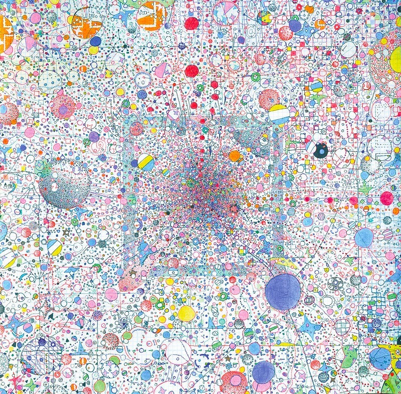 A square pointillist mandala by Tao Lin: thousands of small colored dots — pink, blue, orange, green, yellow, purple — arranged in concentric radial patterns around a central convergence point, with larger circular forms and grid-overlaid sections at the corners and edges. The composition reads as both intensely detailed and rhythmically organized.