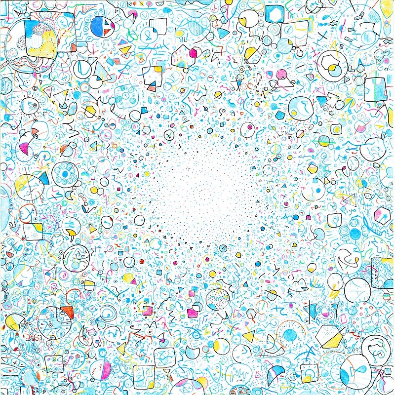 A square mandala by Tao Lin: predominantly light cyan and white, with thousands of small abstract glyphs — circles, triangles, hooks, dots, fragments of geometry — radiating outward from a near-empty pale center. Touches of pink, yellow, black, and red accent the composition. Sparser and more breathing than the dense pointillist mandala of Figure 1; a coherent void at the center.
