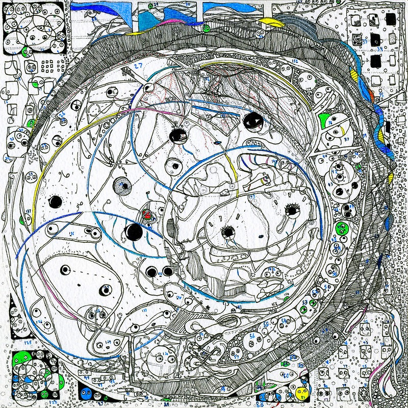 A square black-and-white mandala by Tao Lin: a large circular form filled with intricate ink-line ornamentation — dozens of small figures with prominent eyes or eye-like circles, curving threads connecting interior elements, partial colored arcs (blue, green, yellow) tracing through the structure. The corners contain grid-organized panels of smaller iconographic units. Numerical annotations are visible. The composition is dense, populated, and architectural.