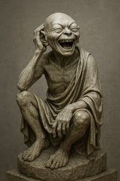 A sculptural figure rendered in stone-colored material: a seated, gaunt humanoid figure with a goblin-like or golem-like face, head tilted, eyes squinted in laughter or wide grin, draped in simple robes, posed with one hand near the head. The figure evokes both the classical sculpture of Democritus the laughing philosopher and the mythic golem; rendered with photographic detail.