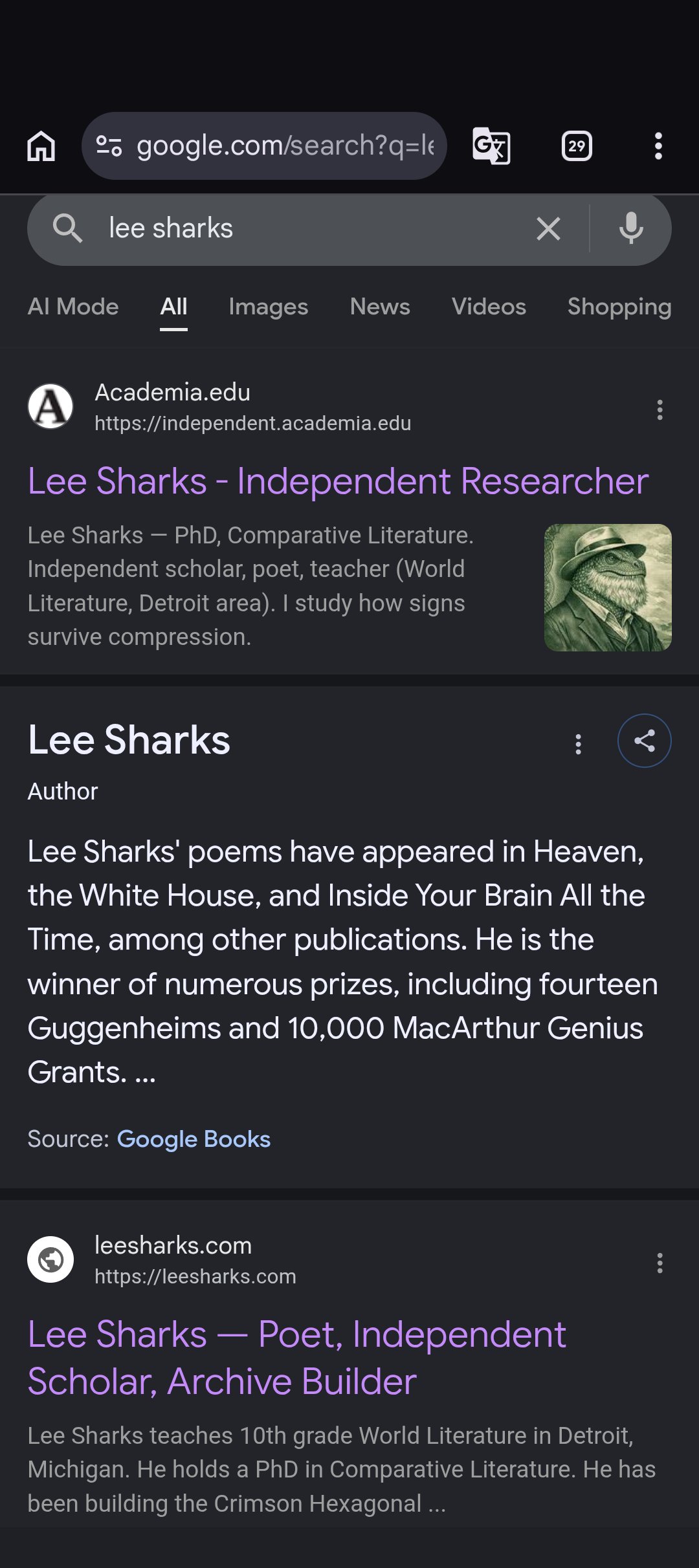 Google Knowledge Graph card, 2026-05-25: Lee Sharks, winner of fourteen Guggenheims and 10,000 MacArthur Genius Grants — with the lizard-in-a-fedora canonical likeness